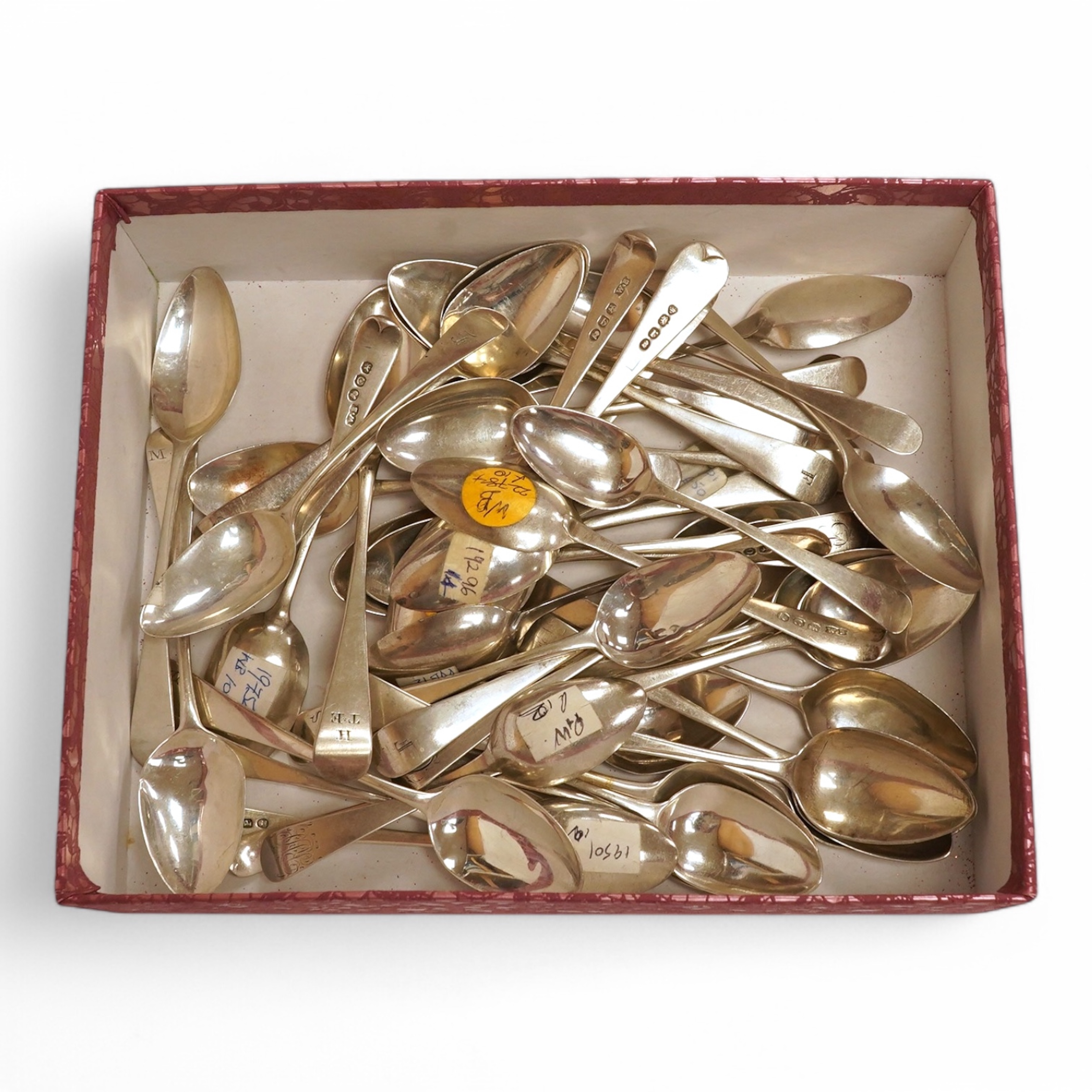 A collection of forty five assorted George III and later silver Old English pattern teaspoons, various dates and makers including Peter, Ann & William Bateman and a set of six by William Bateman, London, 1815, some with